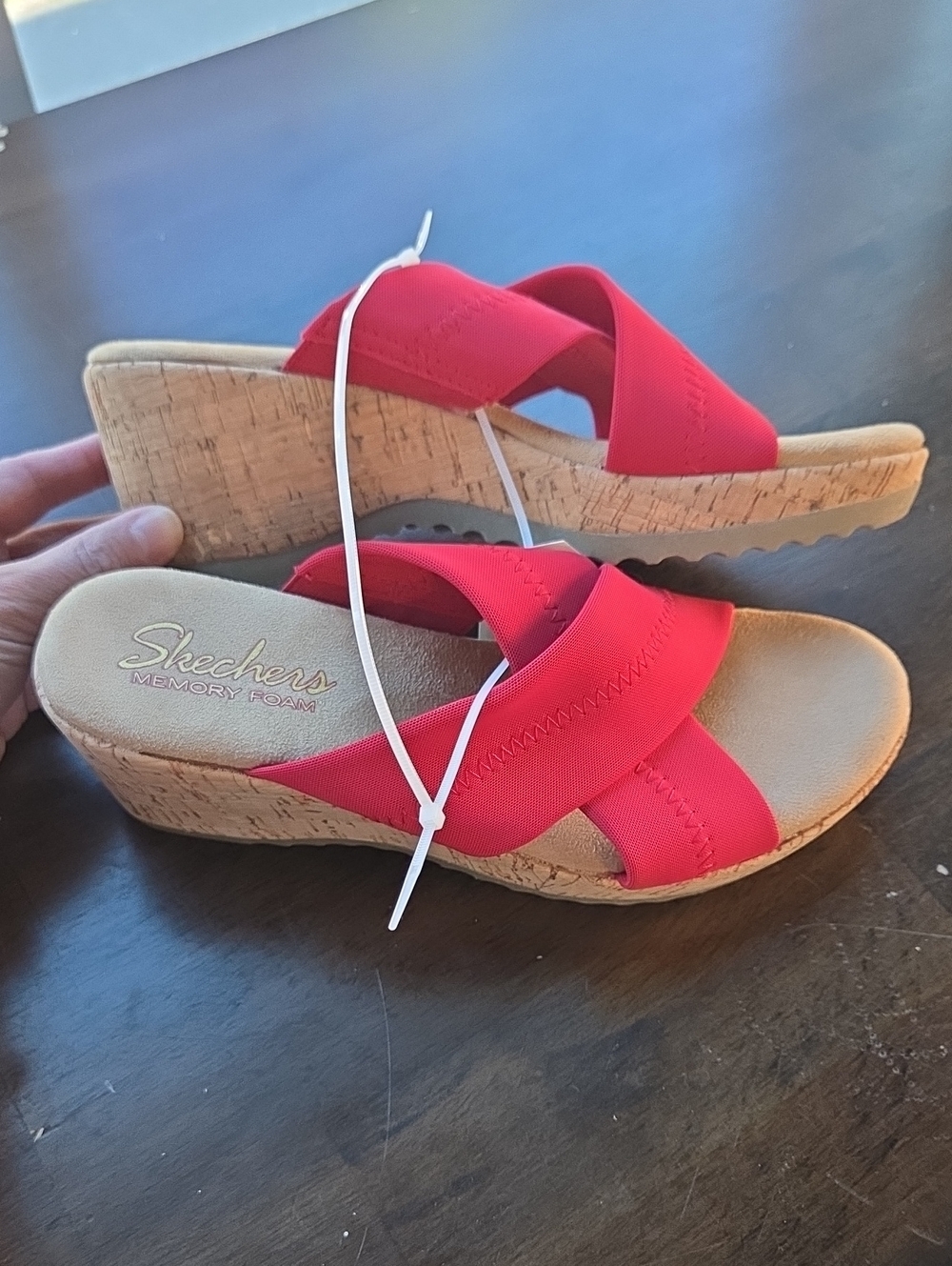 Skechers Size 9 Women's Red Memory Foam Cork Wedge Sandals NEW